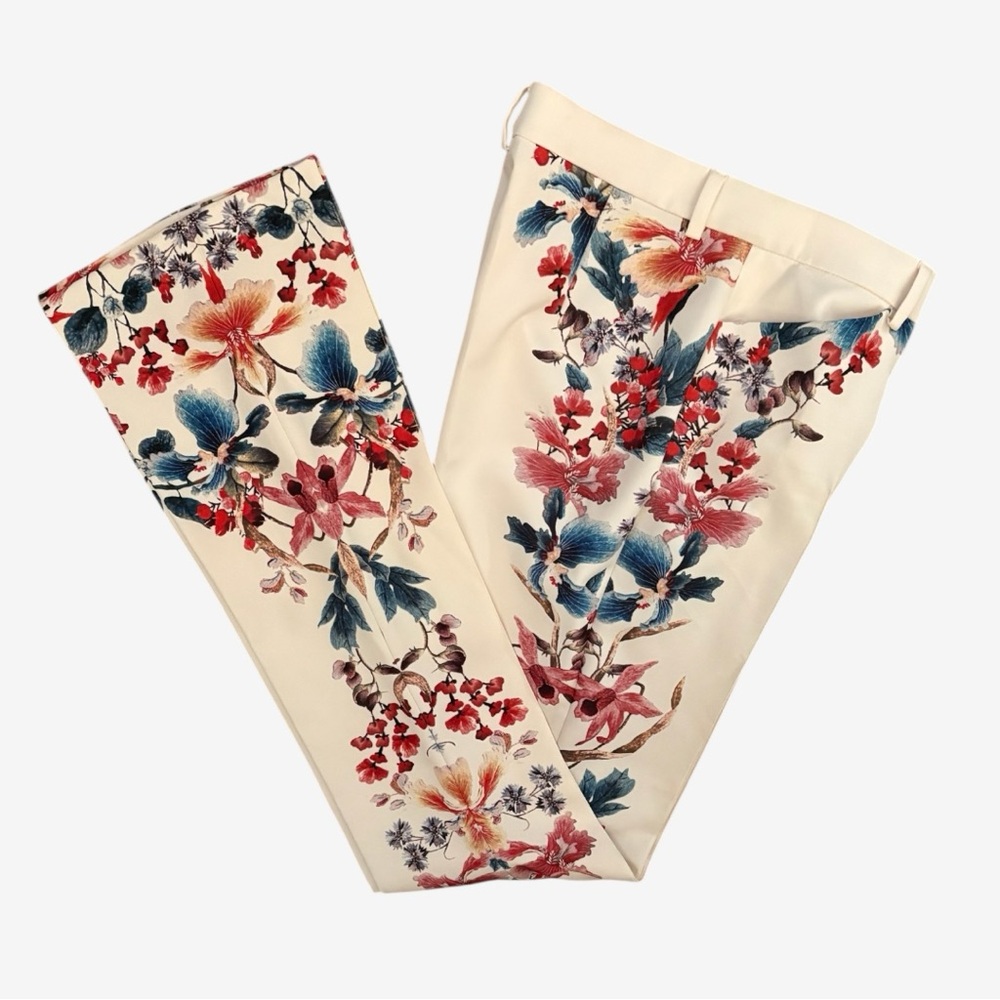 ZARA WOMAN Flared Floral Panel Cream Pants | Medium